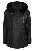 Women's Quality Black Leather Hip Length Coat with Fur Trimmed Detachable Hood - 'CARLA'