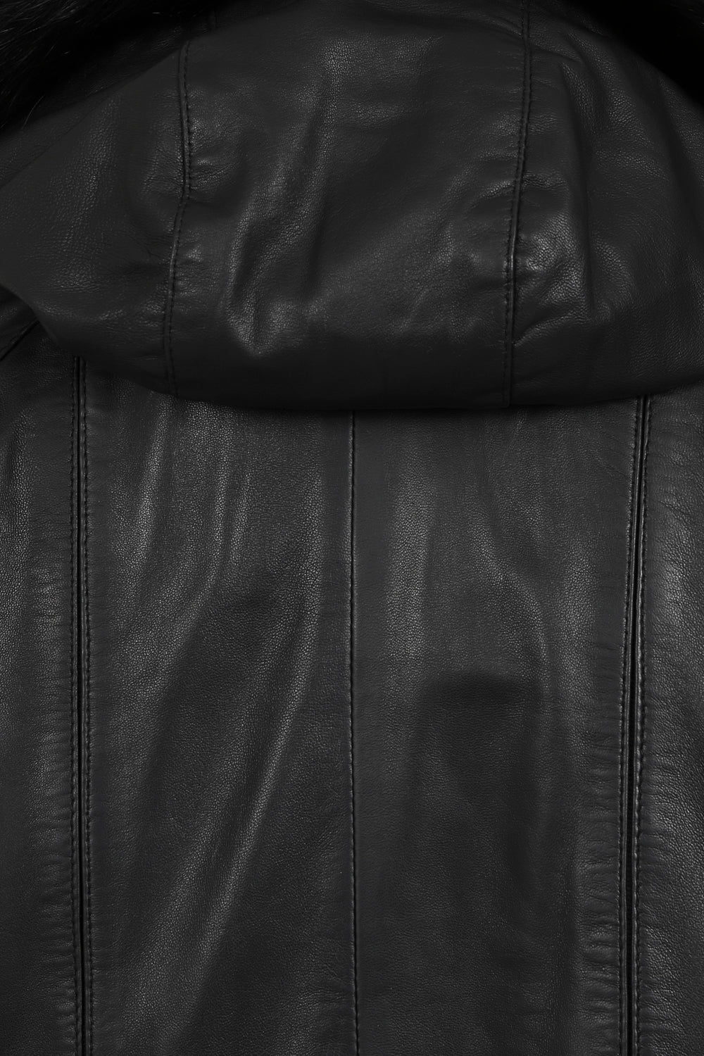 Women's Quality Black Leather Hip Length Coat with Fur Trimmed Detachable Hood - 'CARLA'