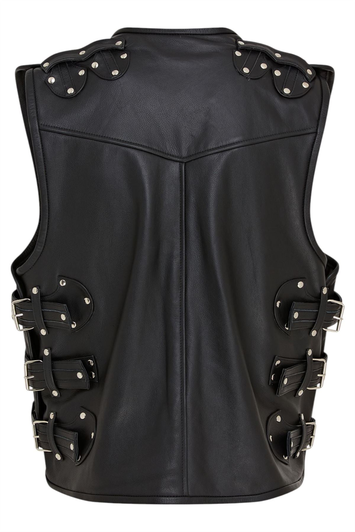 Men’s Black Biker Leather Waistcoat Metal Buckles Vest - Coolgardie