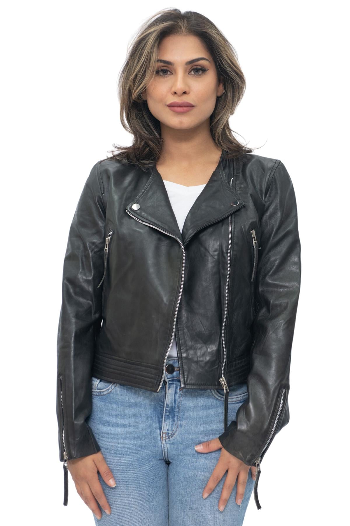 Womens Collarless Biker Jacket-Padova