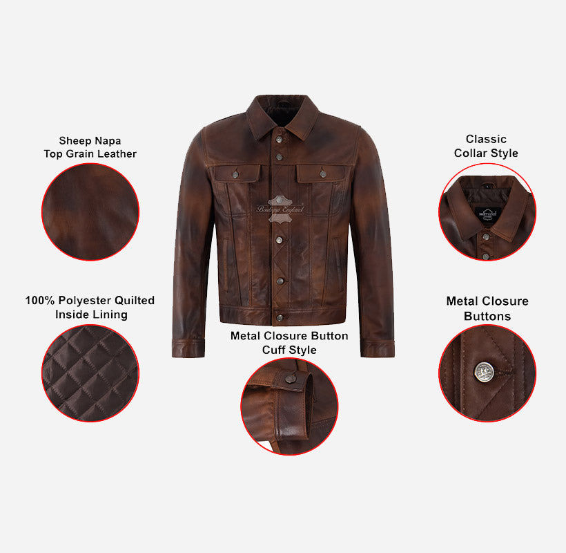 CARVO Men's Leather Trucker Jacket Brown Vintage