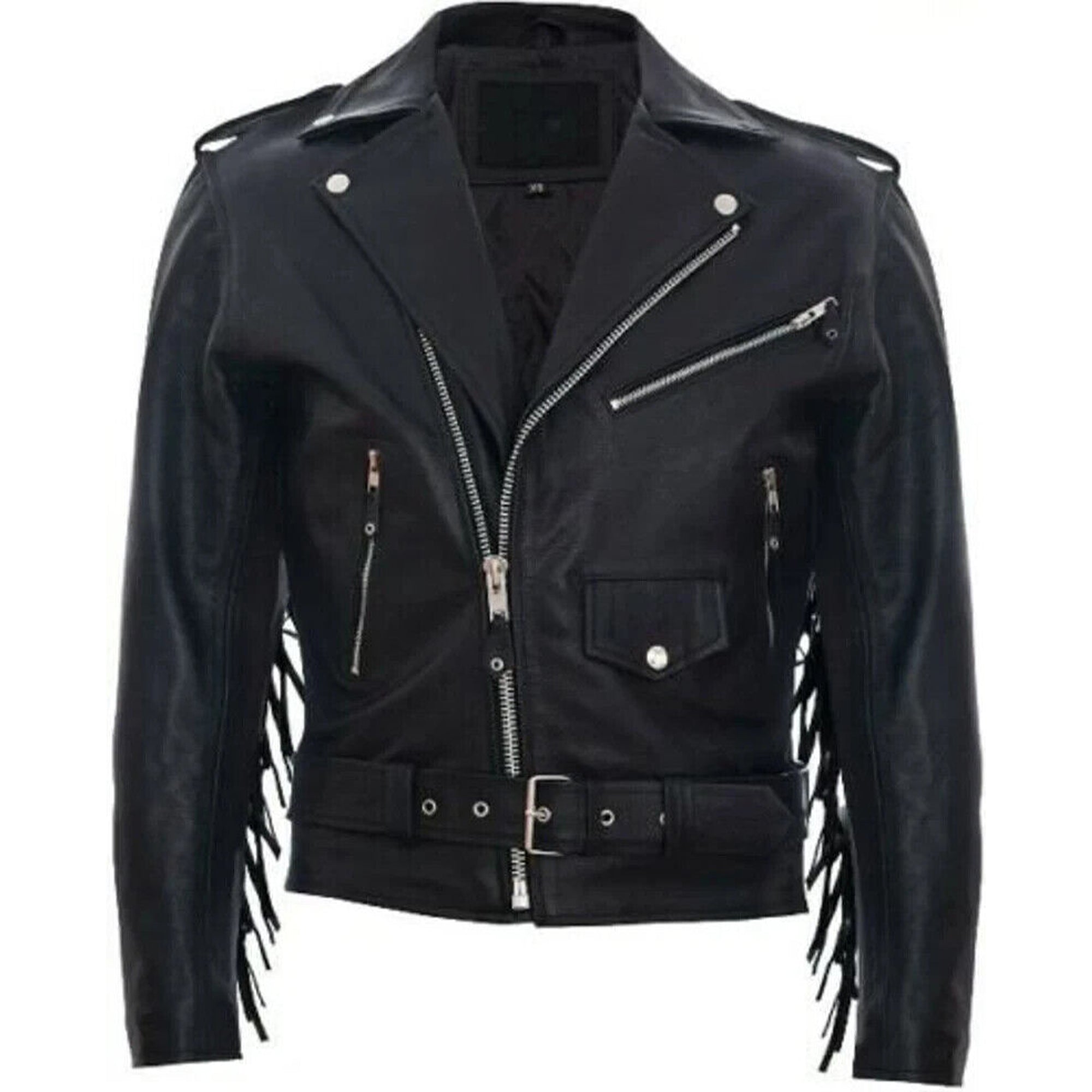 Mens Fringe Hide Leather Biker Jacket- Sevenoaks in White