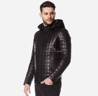 MADDOX Black Hooded Leather Jacket for Men Removable Hood