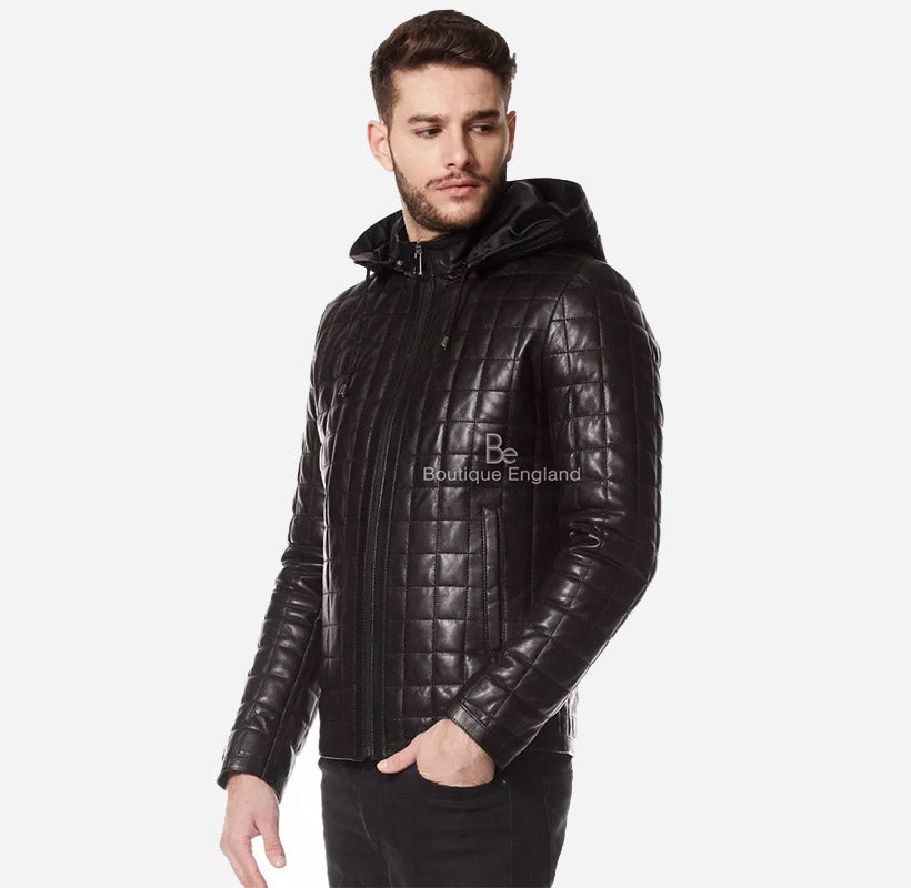 MADDOX Black Hooded Leather Jacket for Men Removable Hood