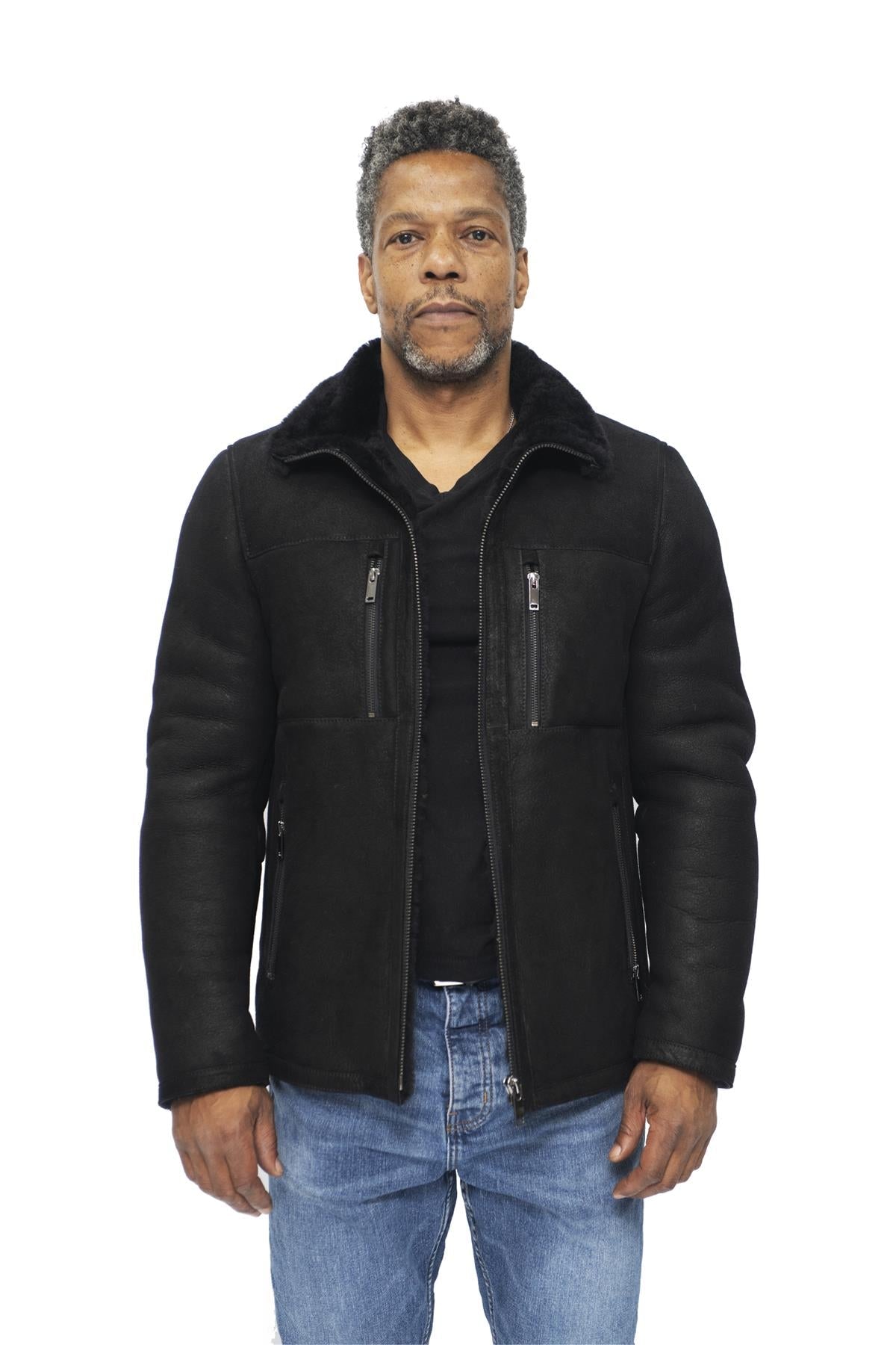 Mens Sheepskin Biker Bomber Jacket-Agboville