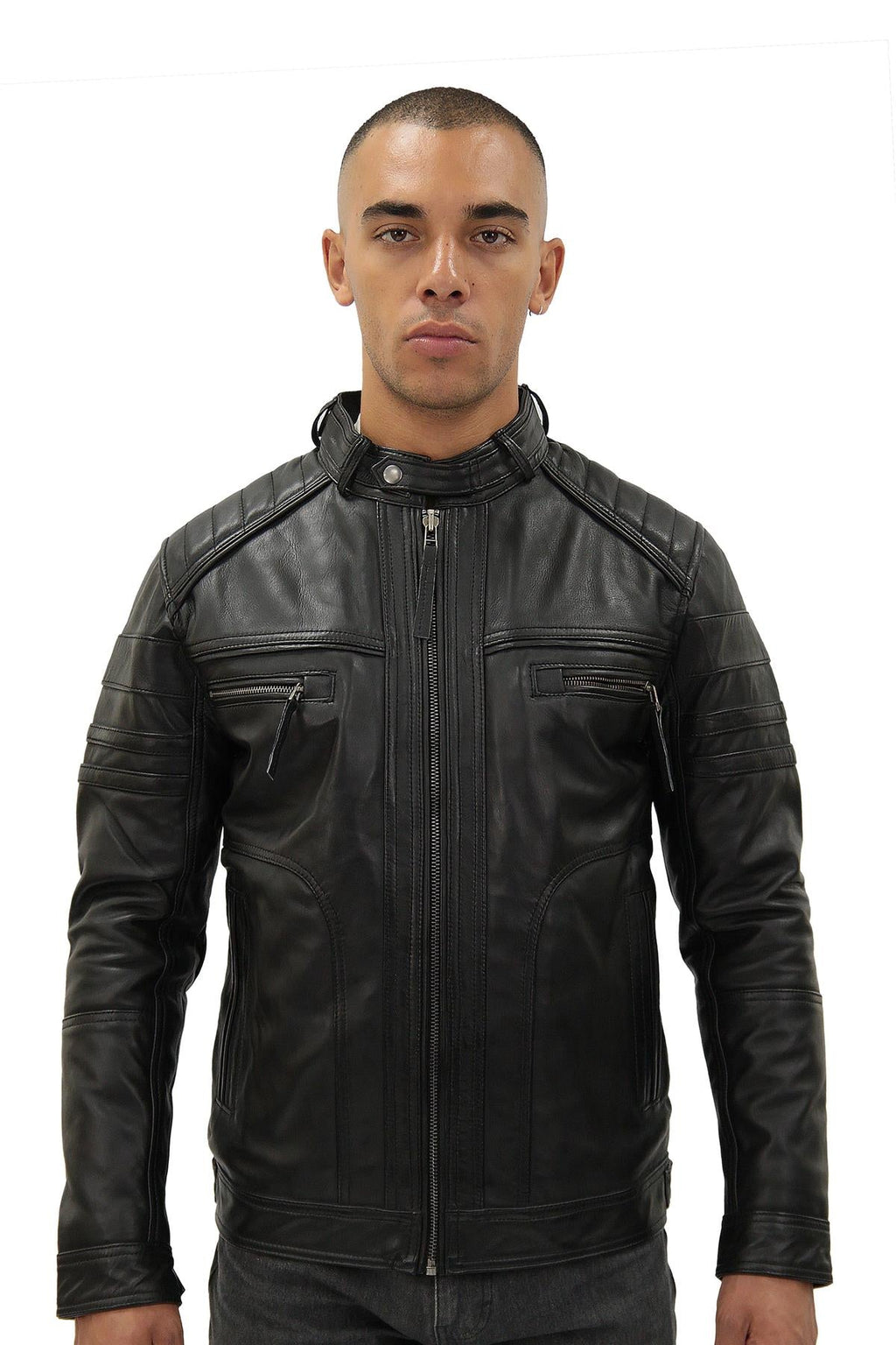 Men's Vintage Black Leather Biker Jacket-Naples