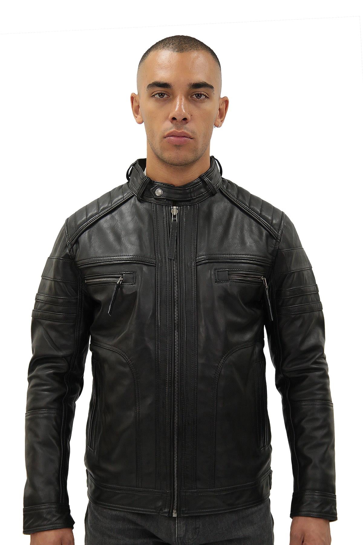 Men's Vintage Black Leather Biker Jacket-Naples