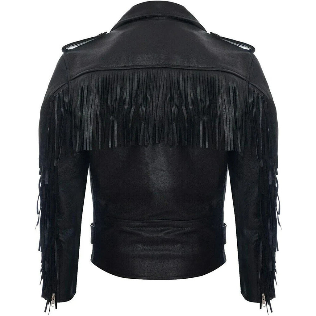 Mens Fringe Hide Leather Biker Jacket- Sevenoaks in White