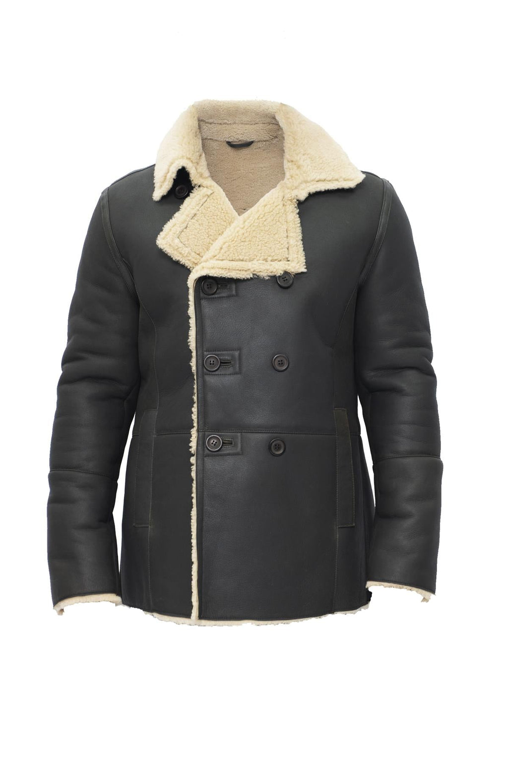 Mens Double Breasted Shearling Sheepskin Pea Coat-Valencia