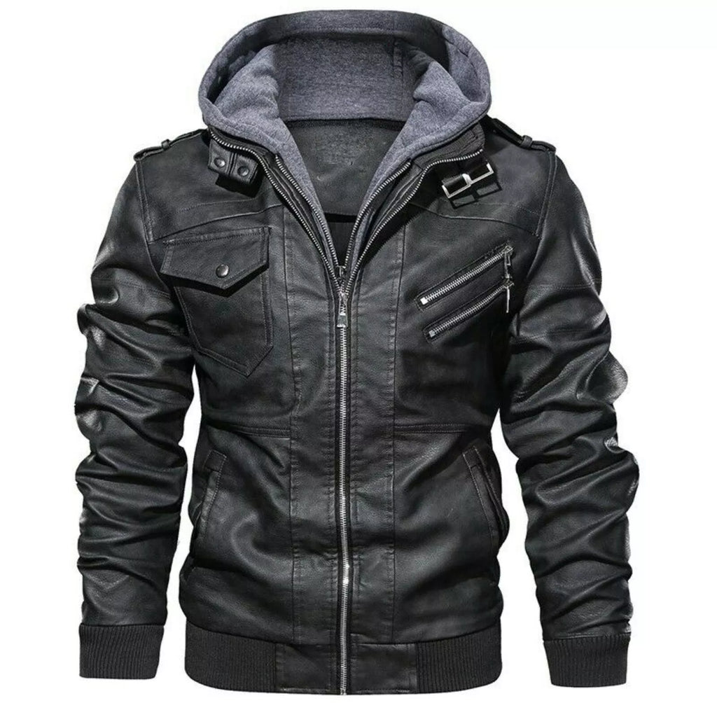 FEDTOSING Men's Faux Leather Jacket Retro Zip-UP Stand Collar Motorcycle Bomber Jackets with Removable Hood
