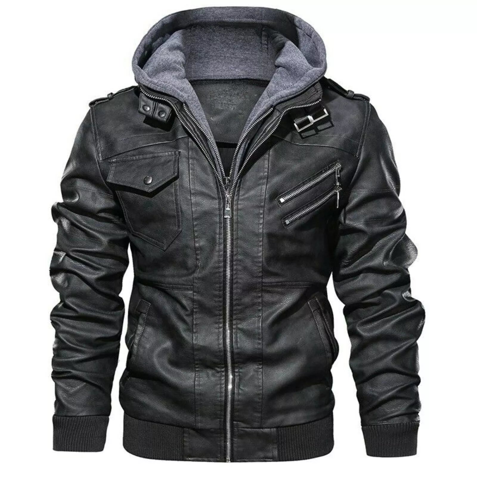 FEDTOSING Men's Faux Leather Jacket Retro Zip-UP Stand Collar Motorcycle Bomber Jackets with Removable Hood