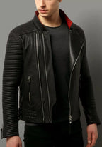 Men's Black Lambskin Leather Slim-Fit Biker Racer Zippered Pockets Jacket