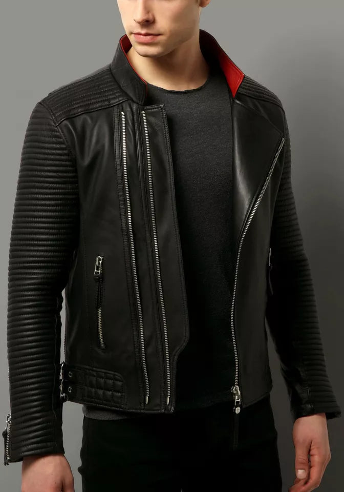 Men's Black Lambskin Leather Slim-Fit Biker Racer Zippered Pockets Jacket