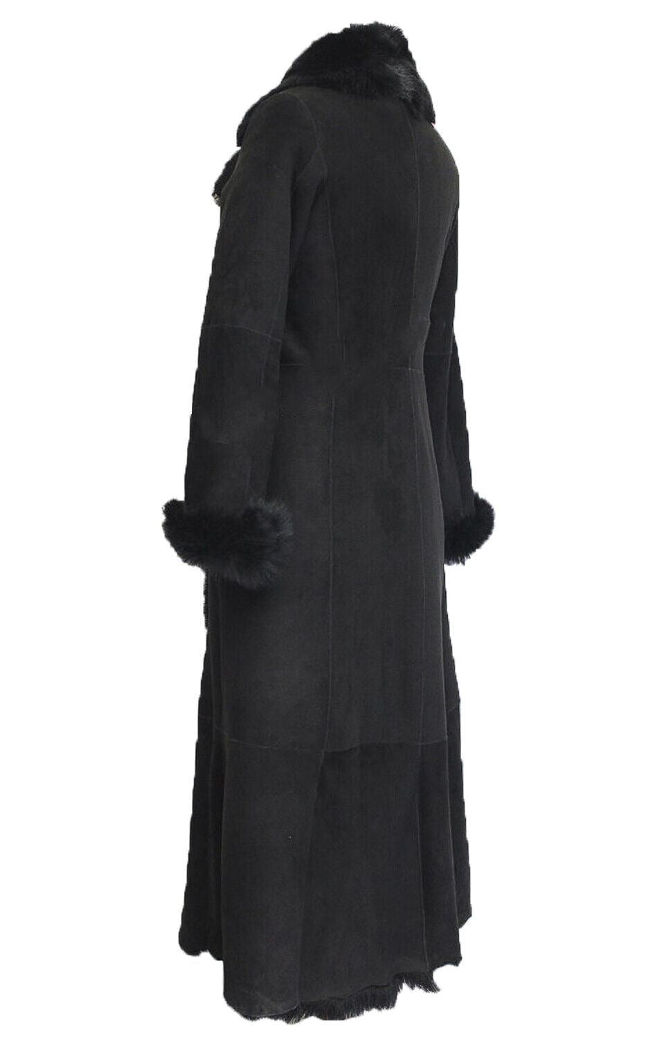 Womens Black Suede Toscana Sheepskin Trench Coat-Fribourg