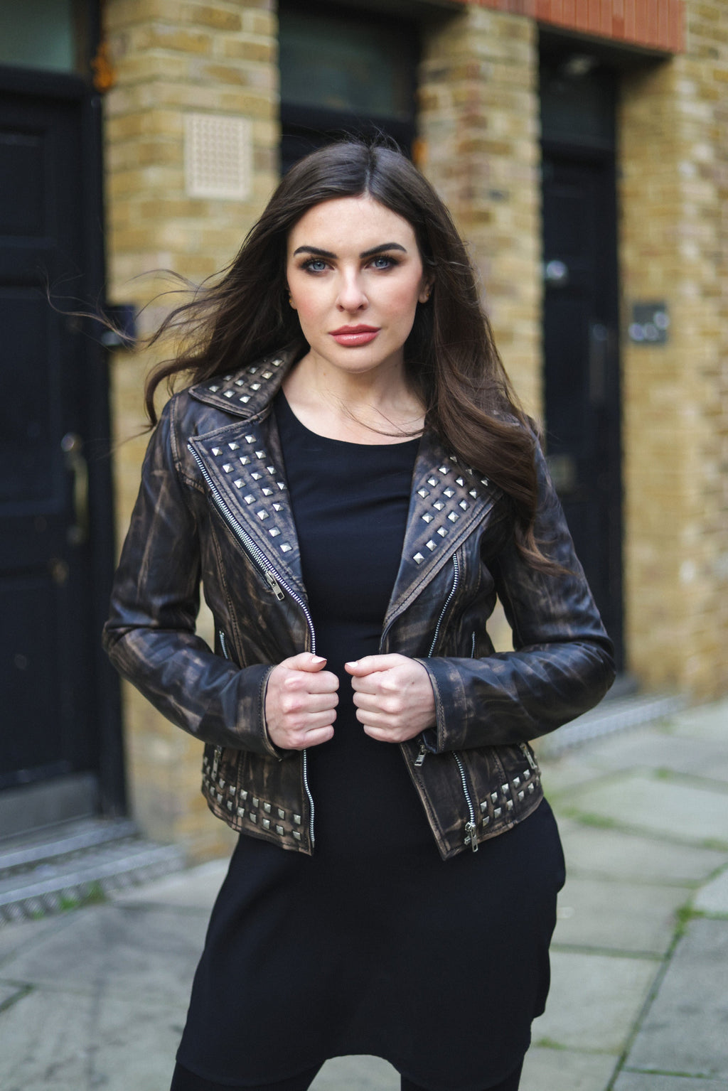 Womens Stud Goth Biker Leather Jacket-St. Albans