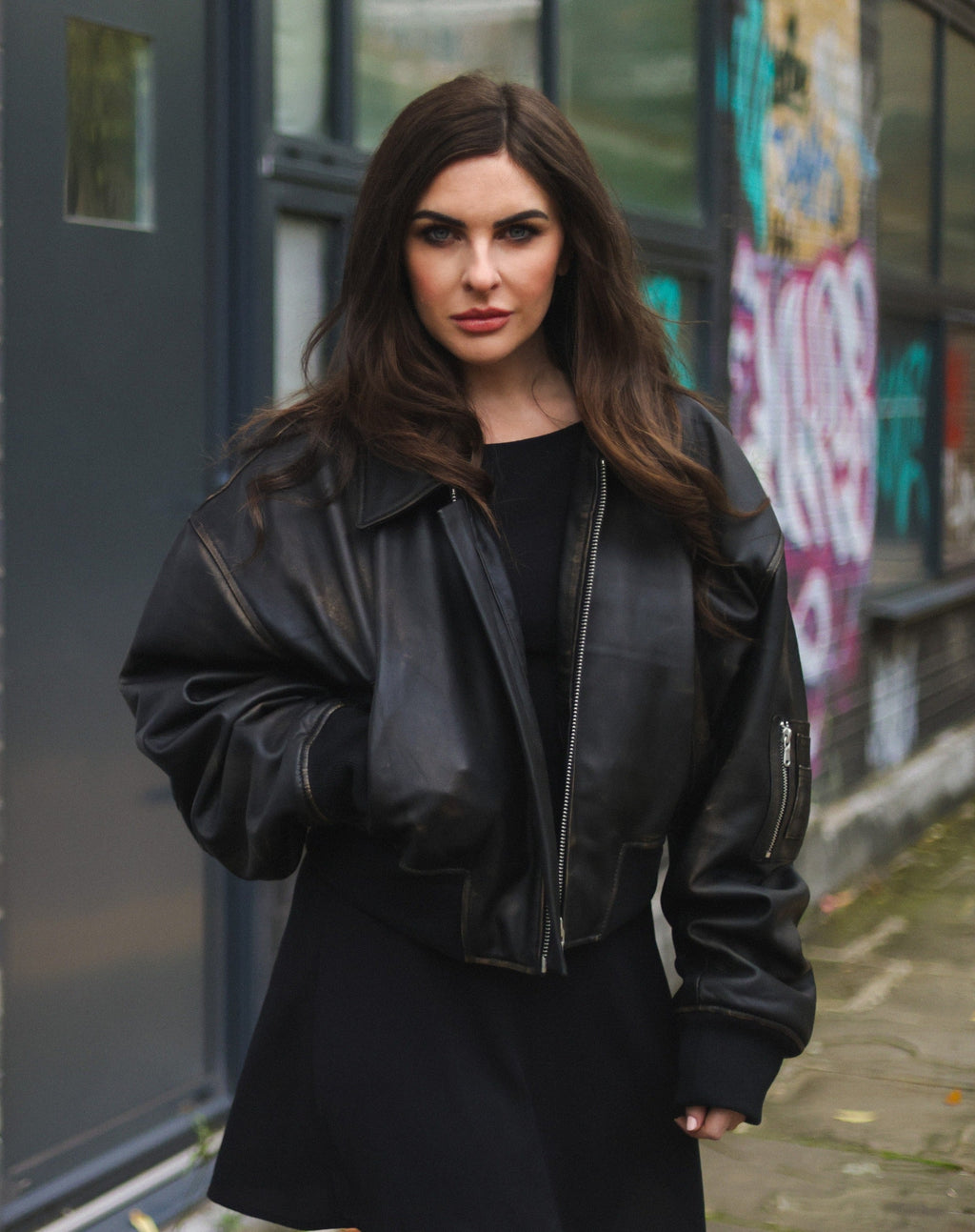 Womens Oversized Leather MA-1 Bomber Jacket - Warrington