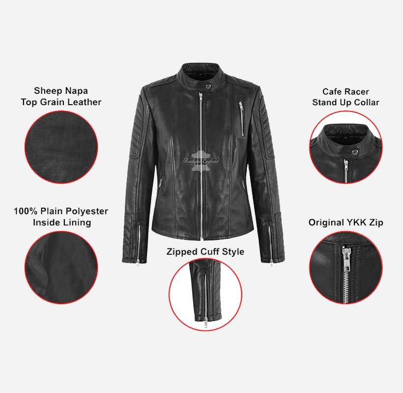HALOA Ladies Black Biker Leather Jacket Slim Fit Leather Jacket