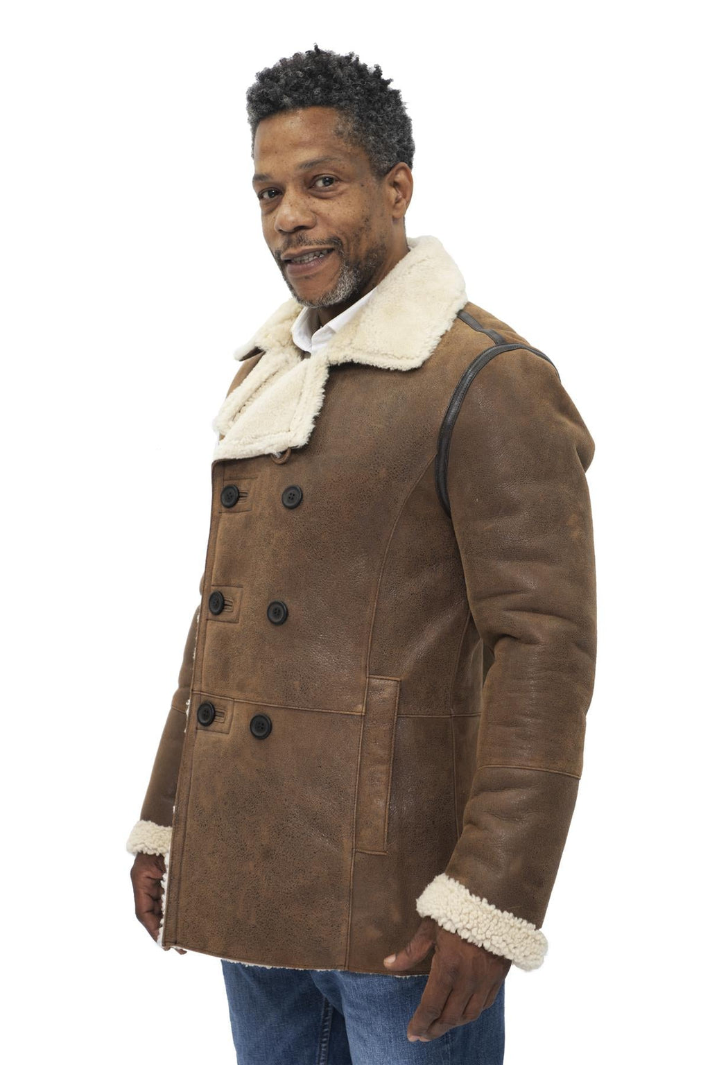 Mens Double Breasted Shearling Sheepskin Pea Coat-Valencia