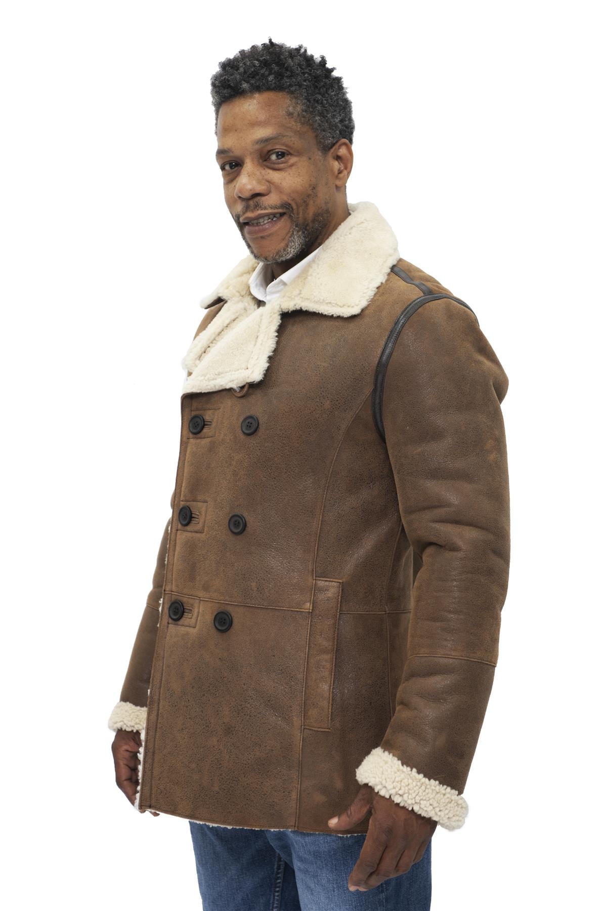 Mens Double Breasted Shearling Sheepskin Pea Coat-Valencia