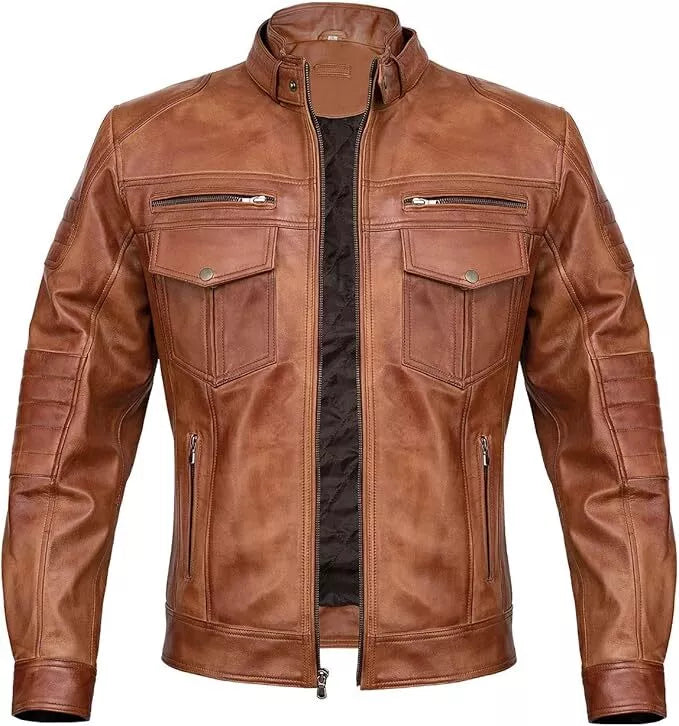 Men’s Slim- Fit Motorcycle Brown Biker Leather Jacket