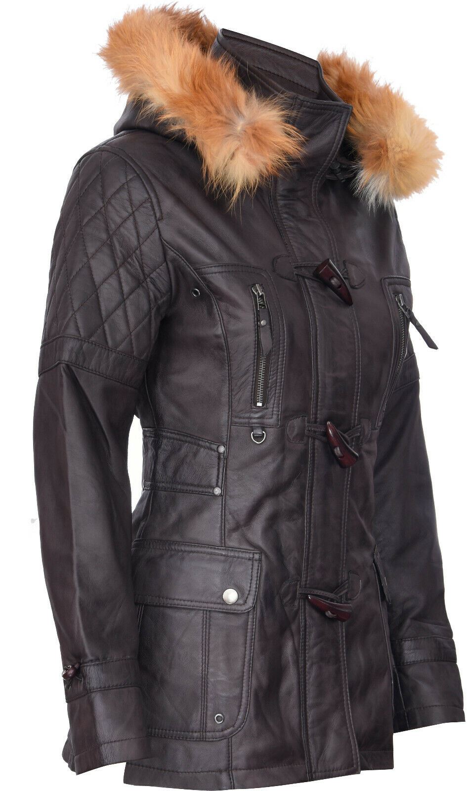 Womens Quilted Leather Parka Jacket-Brussels