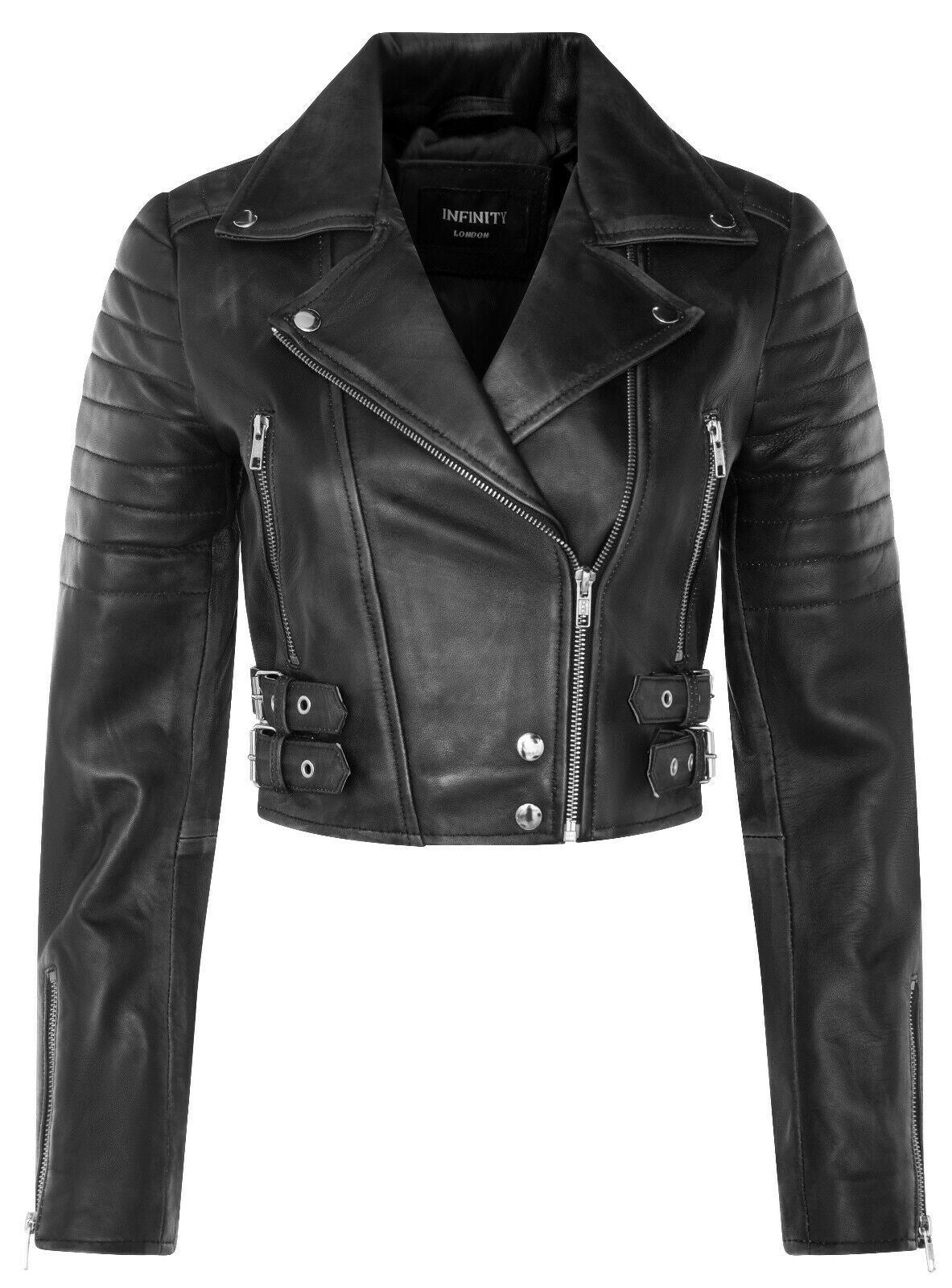Womens Cropped Brando Leather Biker Jacket-Damascus