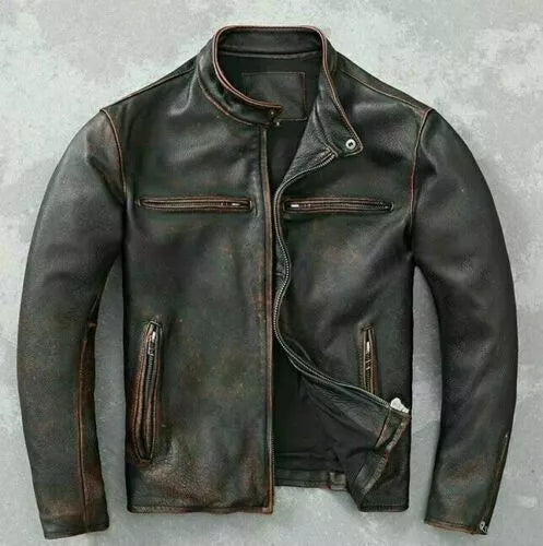 Men’s Motorcycle Biker Vintage Distressed Black Faded Real Leather Jacket