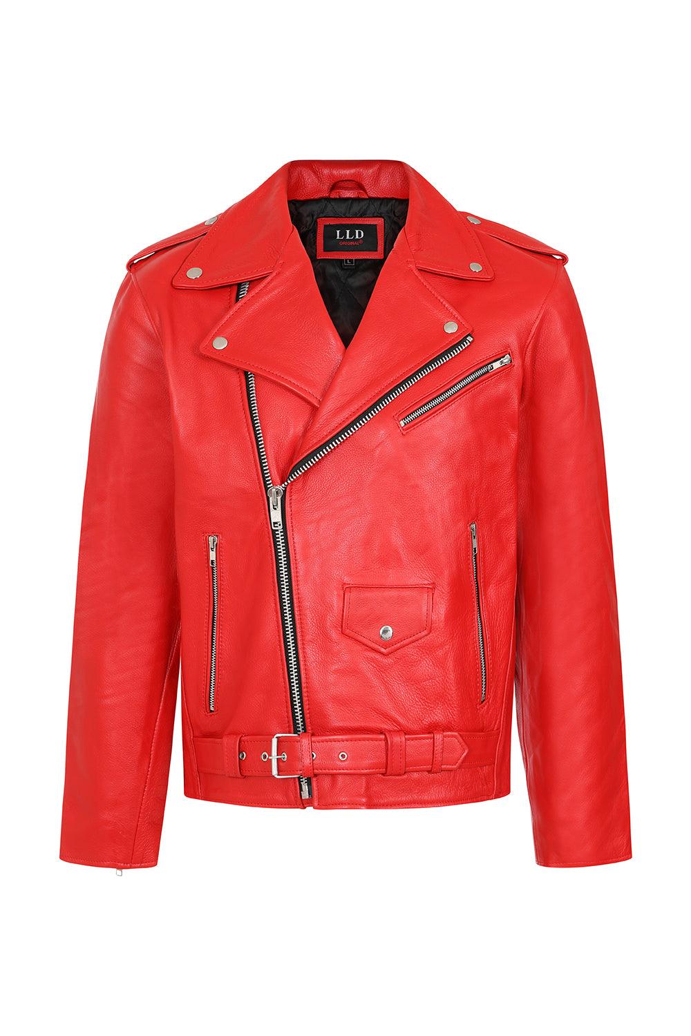 FONZY Men's Classic Red Genuine Calf Leather Biker Jacket