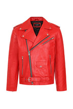 FONZY Men's Classic Red Genuine Calf Leather Biker Jacket