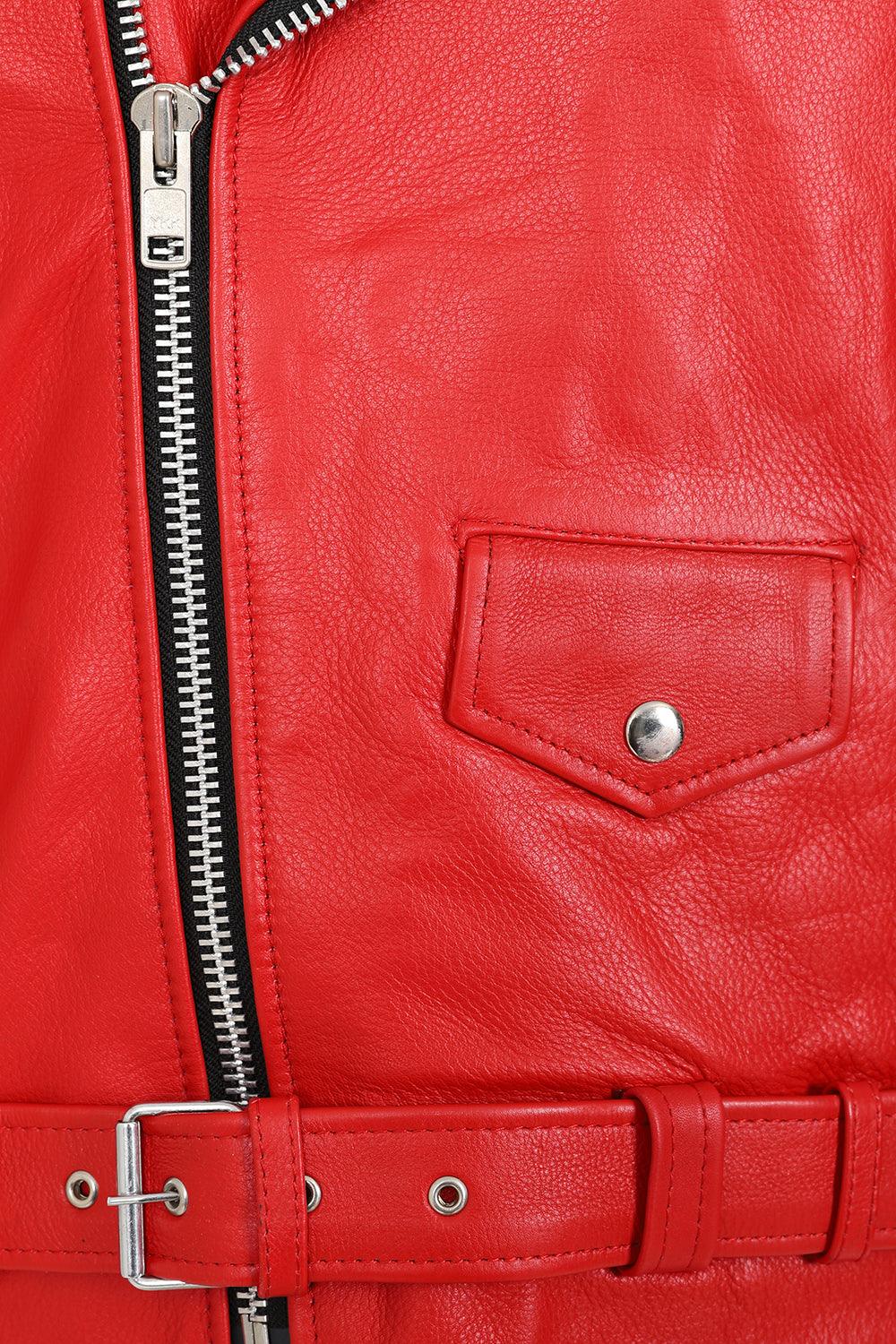 FONZY Men's Classic Red Genuine Calf Leather Biker Jacket