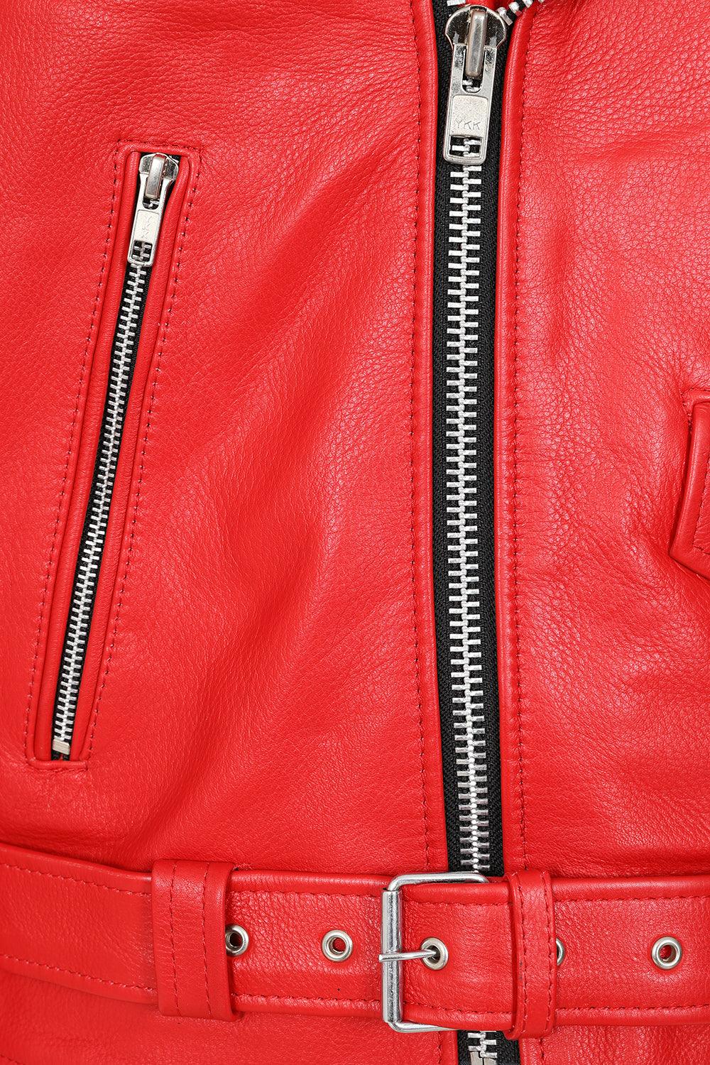FONZY Men's Classic Red Genuine Calf Leather Biker Jacket