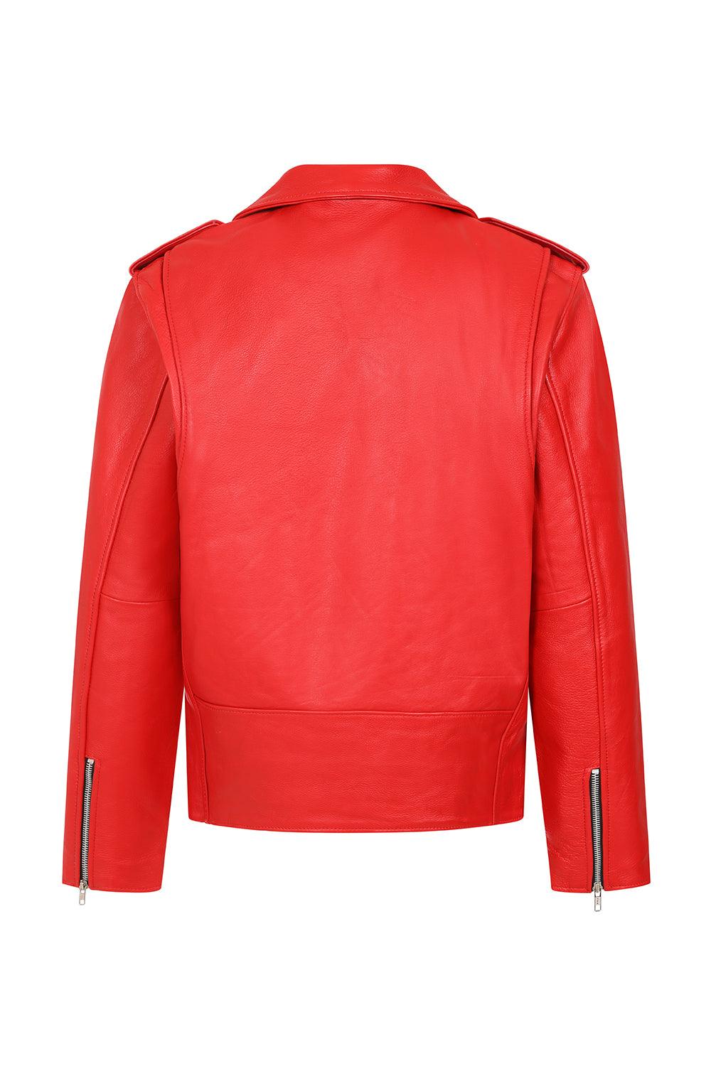 FONZY Men's Classic Red Genuine Calf Leather Biker Jacket