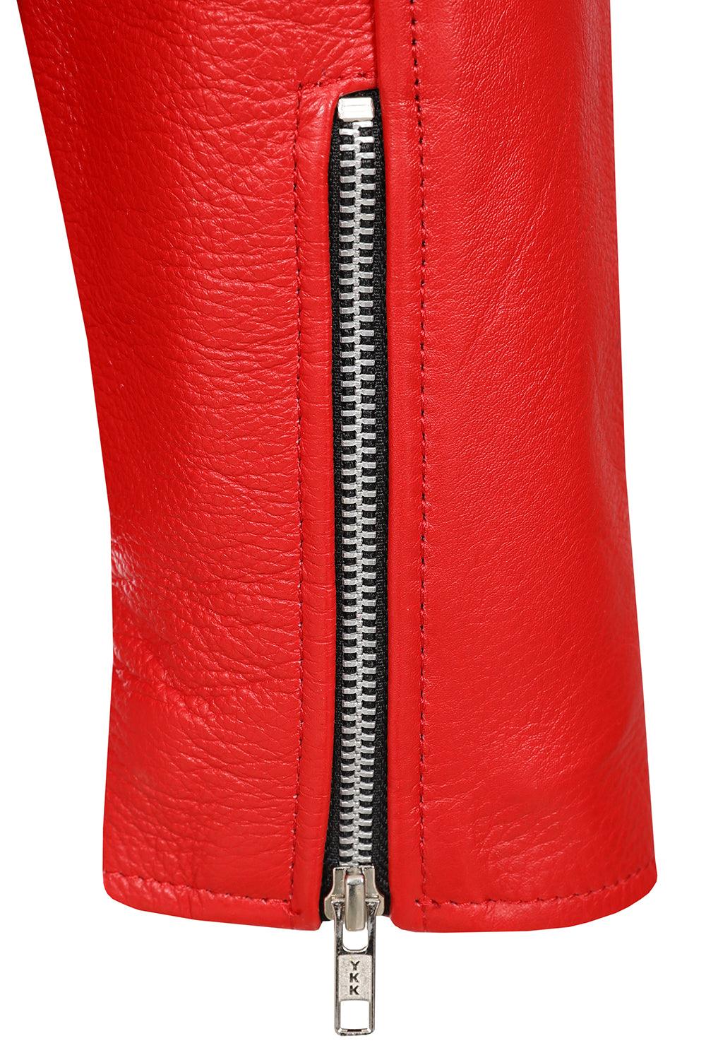 FONZY Men's Classic Red Genuine Calf Leather Biker Jacket