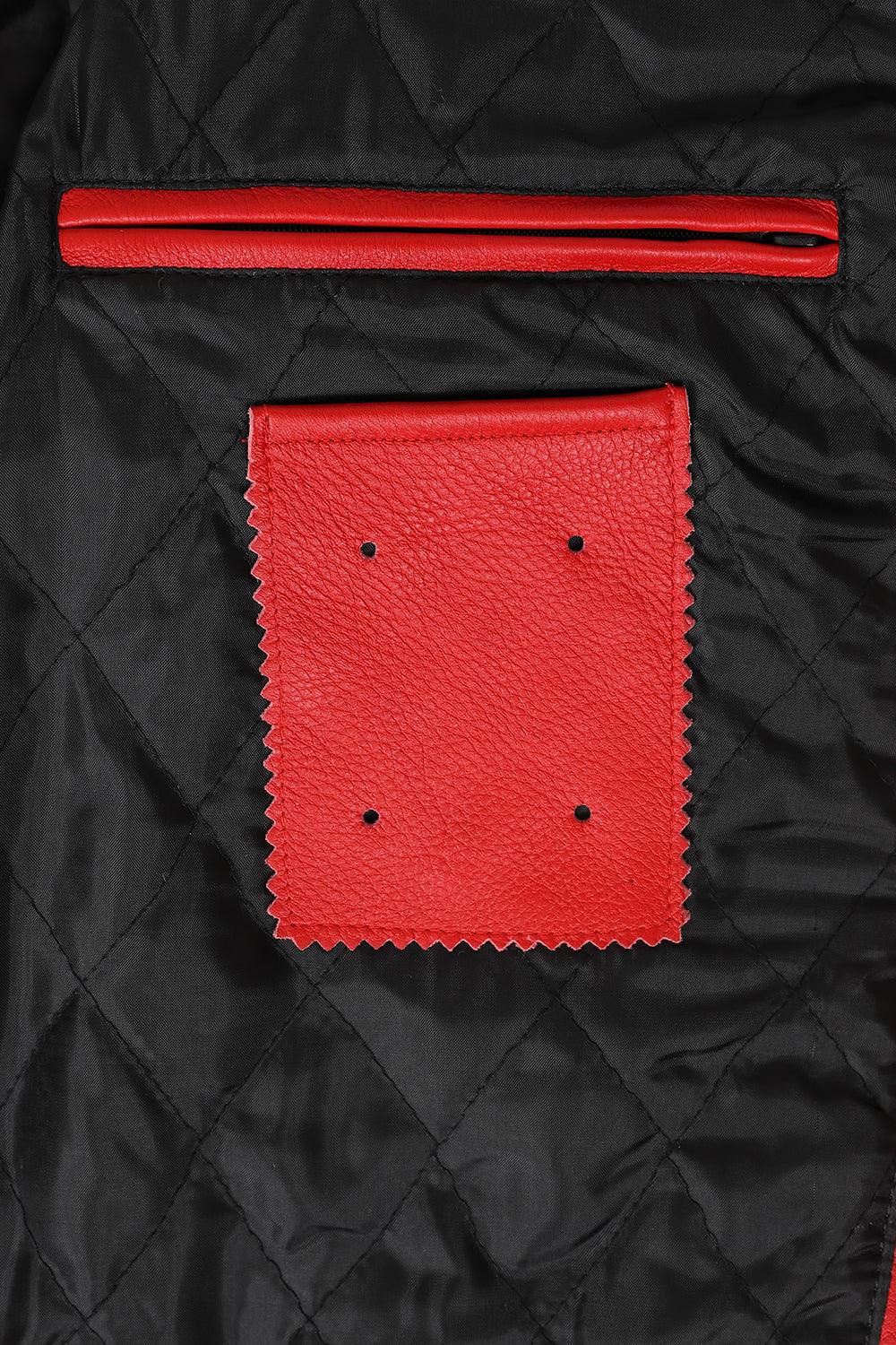 FONZY Men's Classic Red Genuine Calf Leather Biker Jacket
