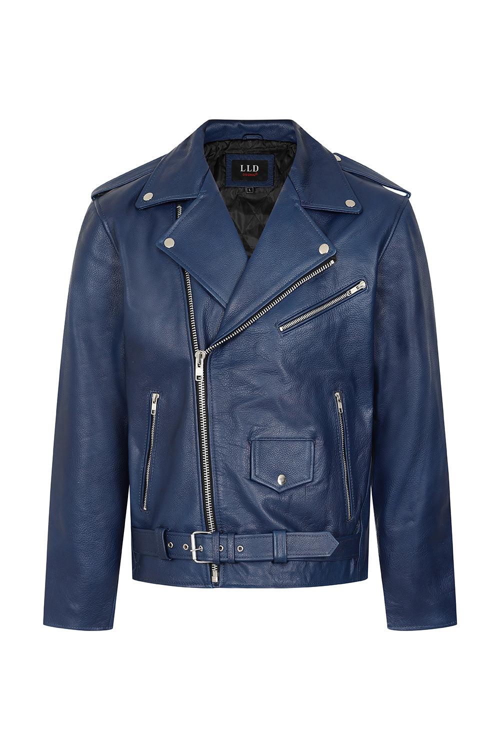 FONZY Men's Blue Genuine Calf Leather Biker Jacket Classic Style