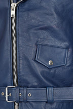 FONZY Men's Blue Genuine Calf Leather Biker Jacket Classic Style