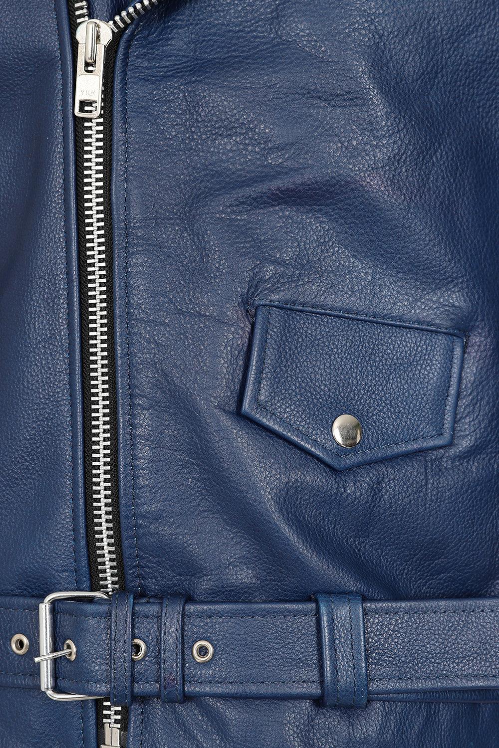 FONZY Men's Blue Genuine Calf Leather Biker Jacket Classic Style