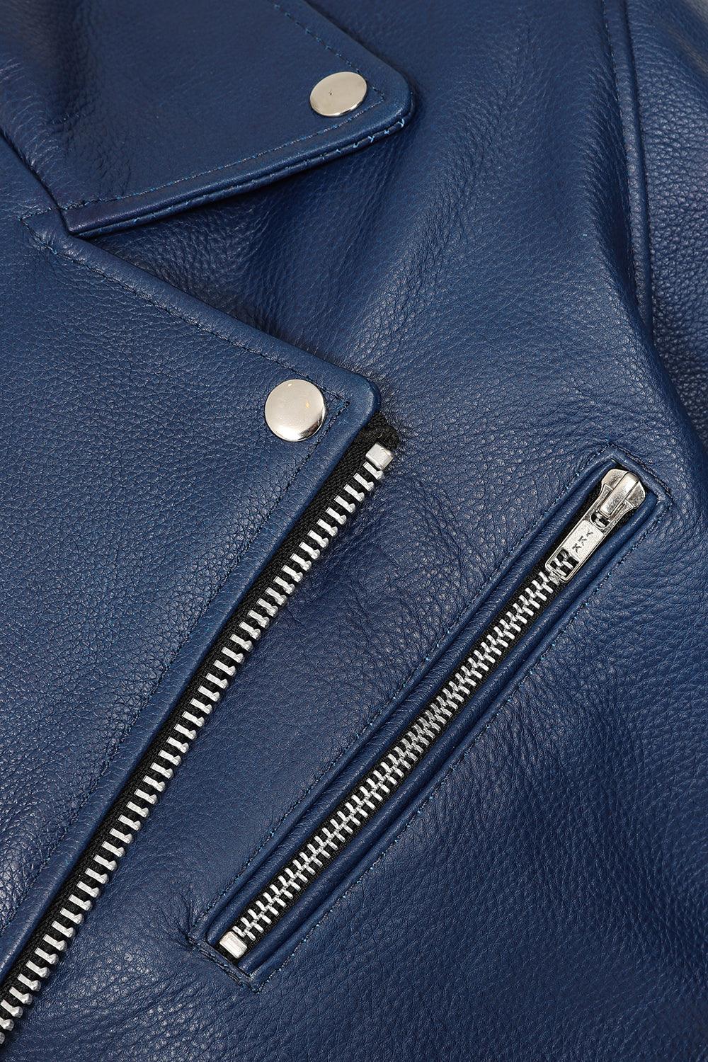 FONZY Men's Blue Genuine Calf Leather Biker Jacket Classic Style