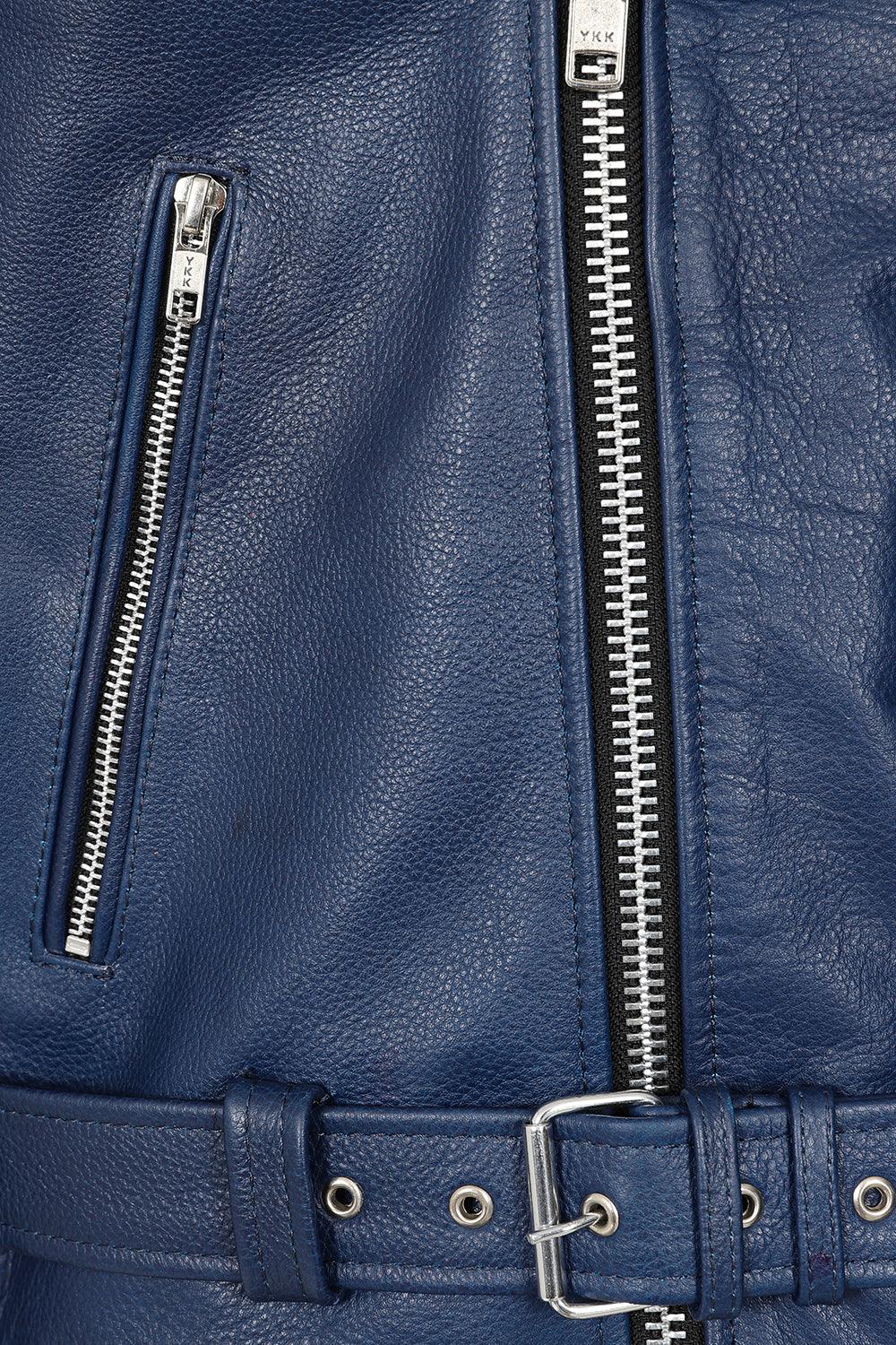 FONZY Men's Blue Genuine Calf Leather Biker Jacket Classic Style