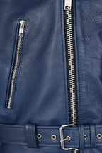 FONZY Men's Blue Genuine Calf Leather Biker Jacket Classic Style