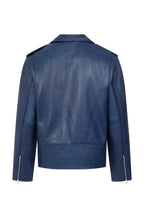 FONZY Men's Blue Genuine Calf Leather Biker Jacket Classic Style