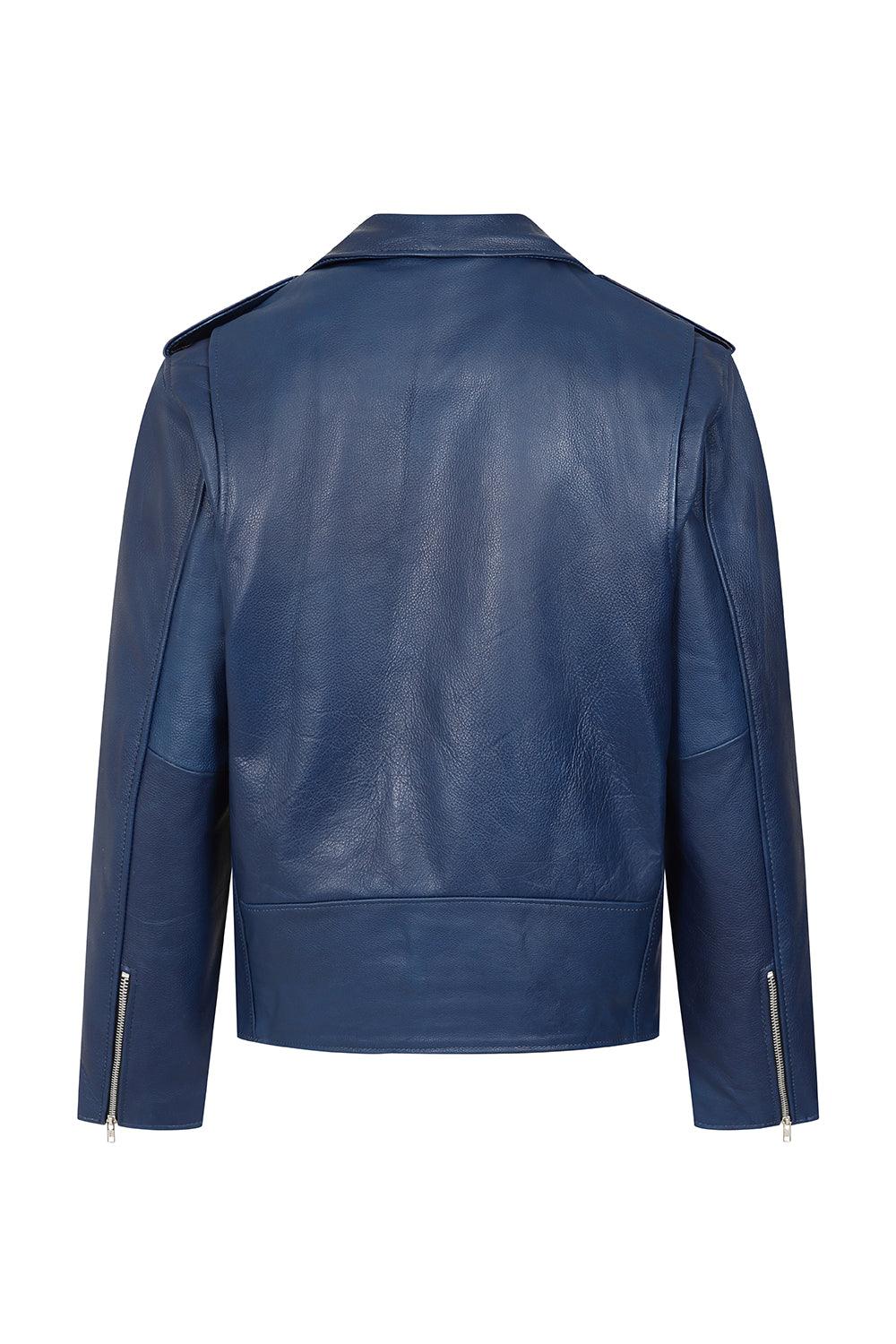 FONZY Men's Blue Genuine Calf Leather Biker Jacket Classic Style