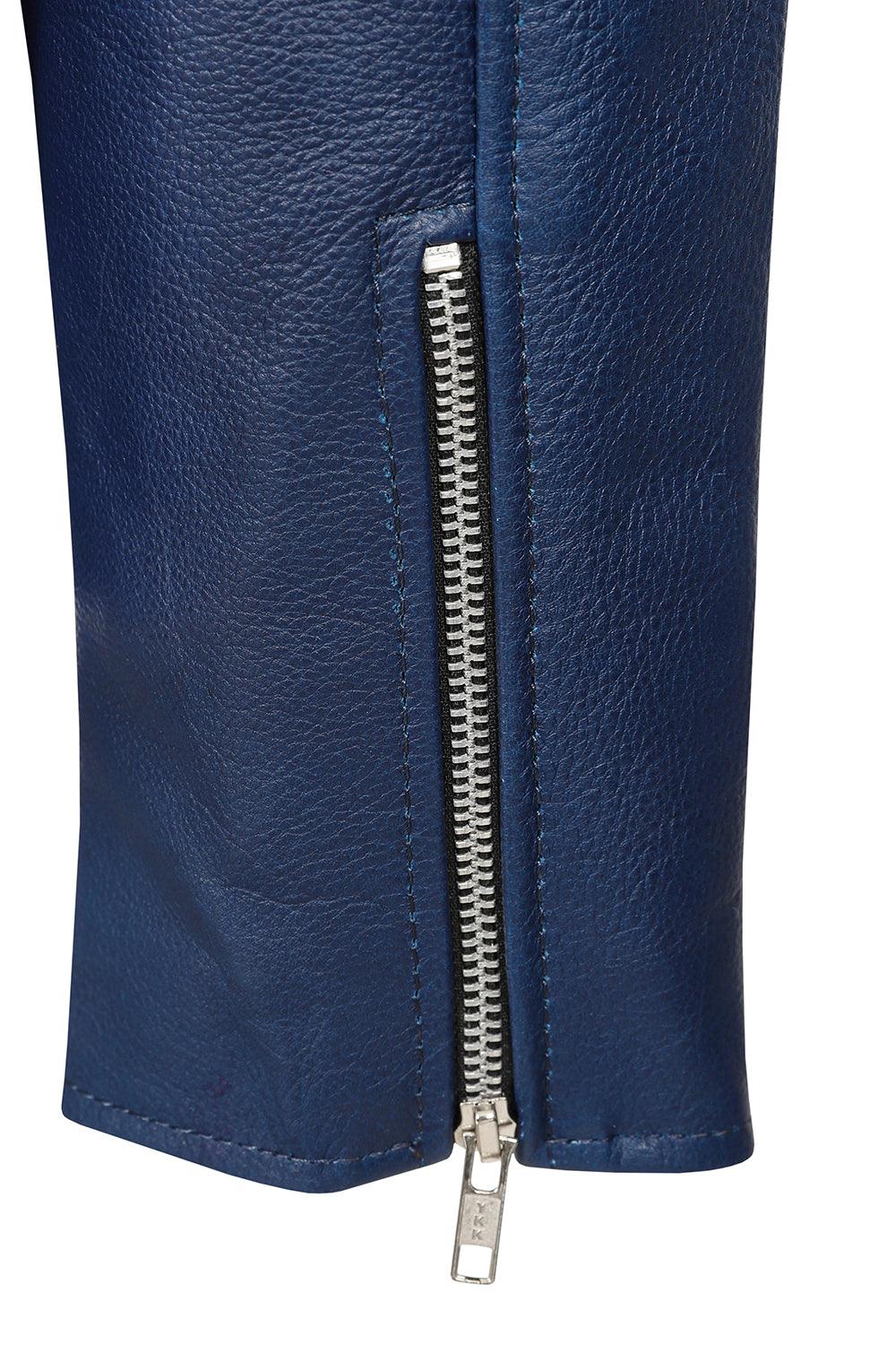 FONZY Men's Blue Genuine Calf Leather Biker Jacket Classic Style