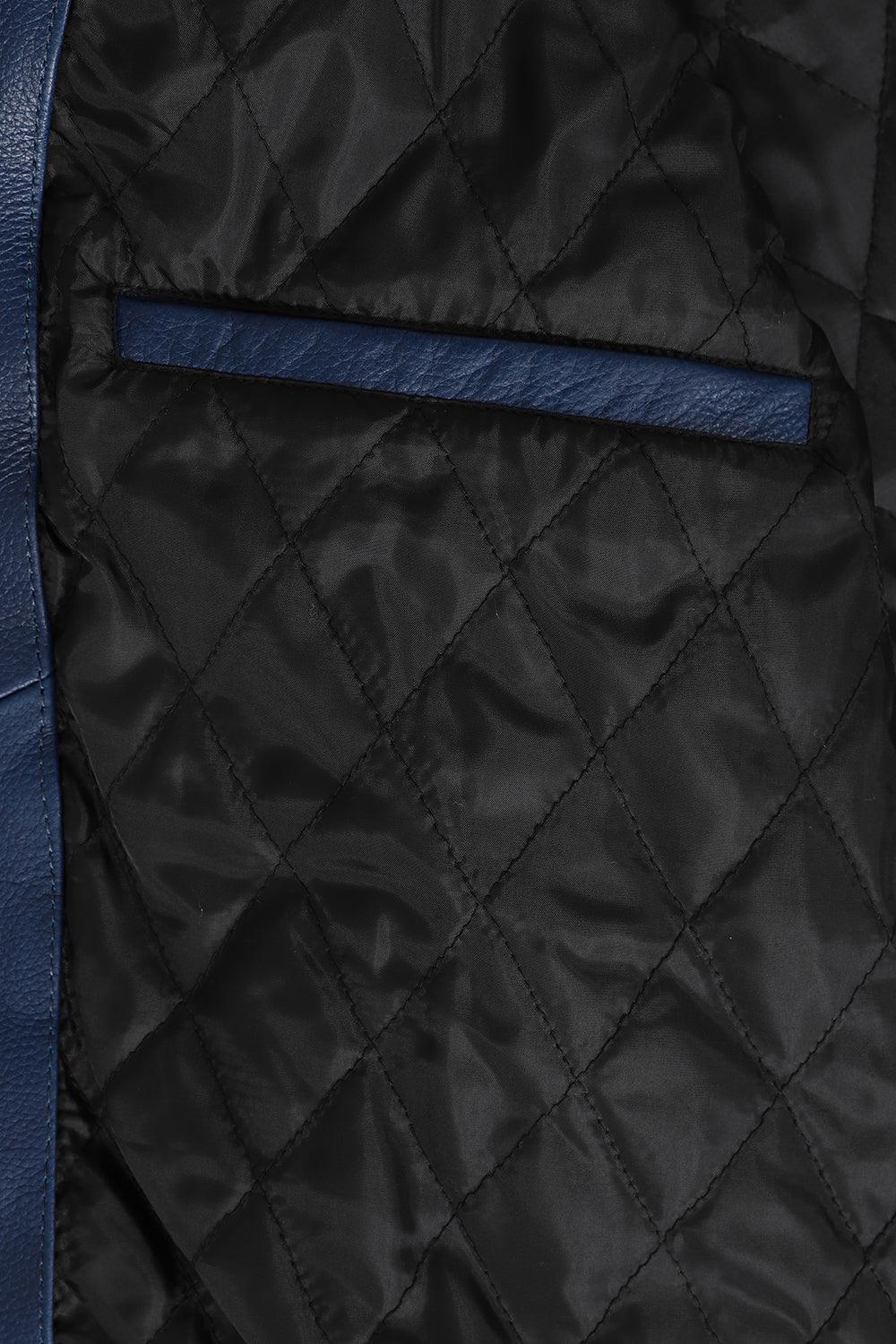 FONZY Men's Blue Genuine Calf Leather Biker Jacket Classic Style