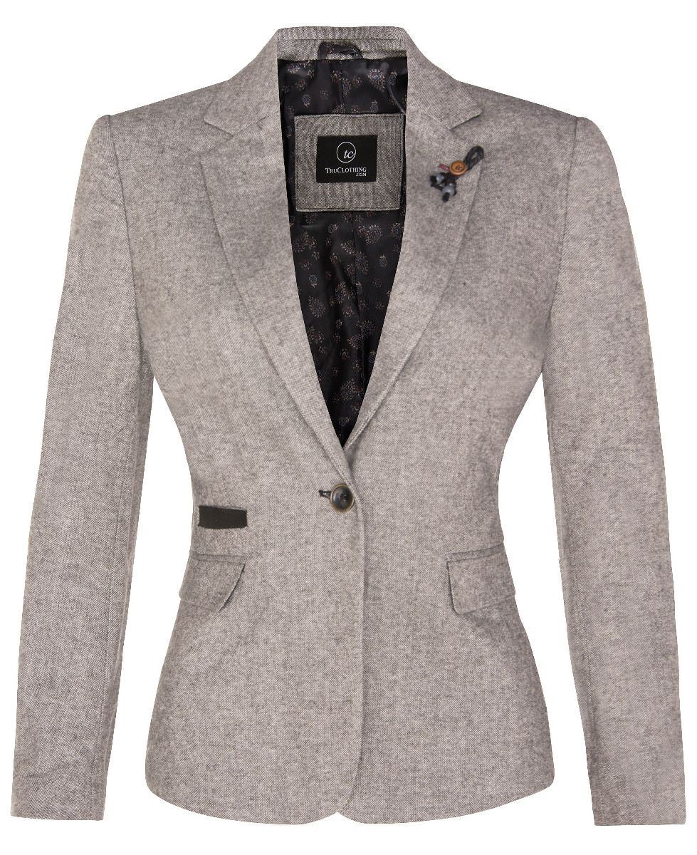 Womens Tweed 1920s Herringbone Light Grey Blazer
