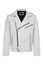 FONZY Men's White Genuine Calf Leather Classic Biker Jacket