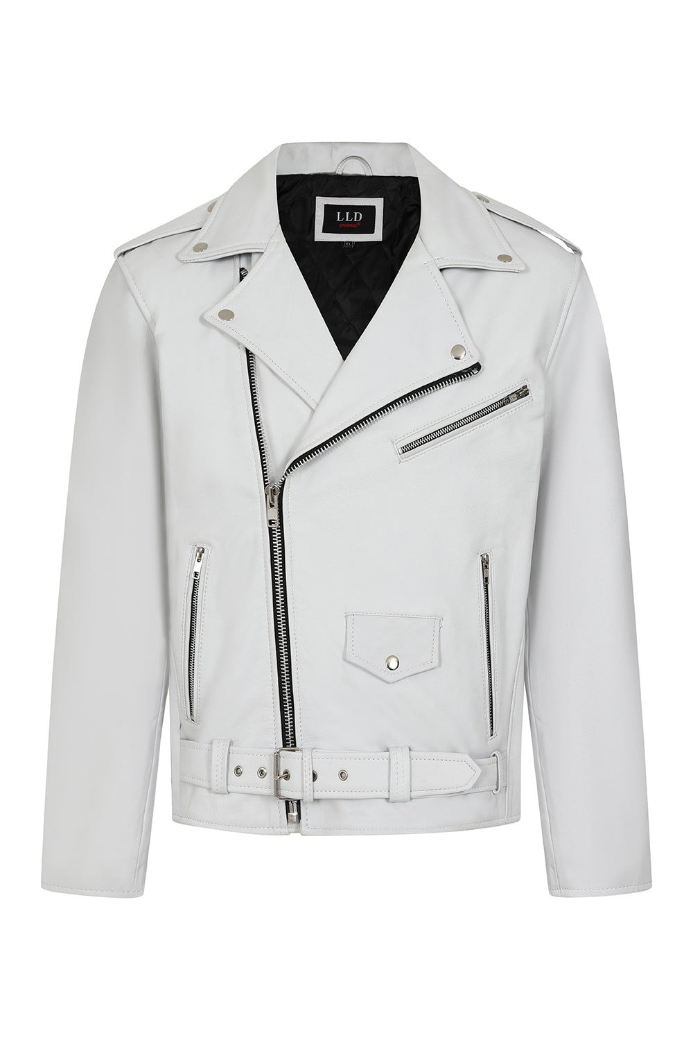 FONZY Men's White Genuine Calf Leather Classic Biker Jacket