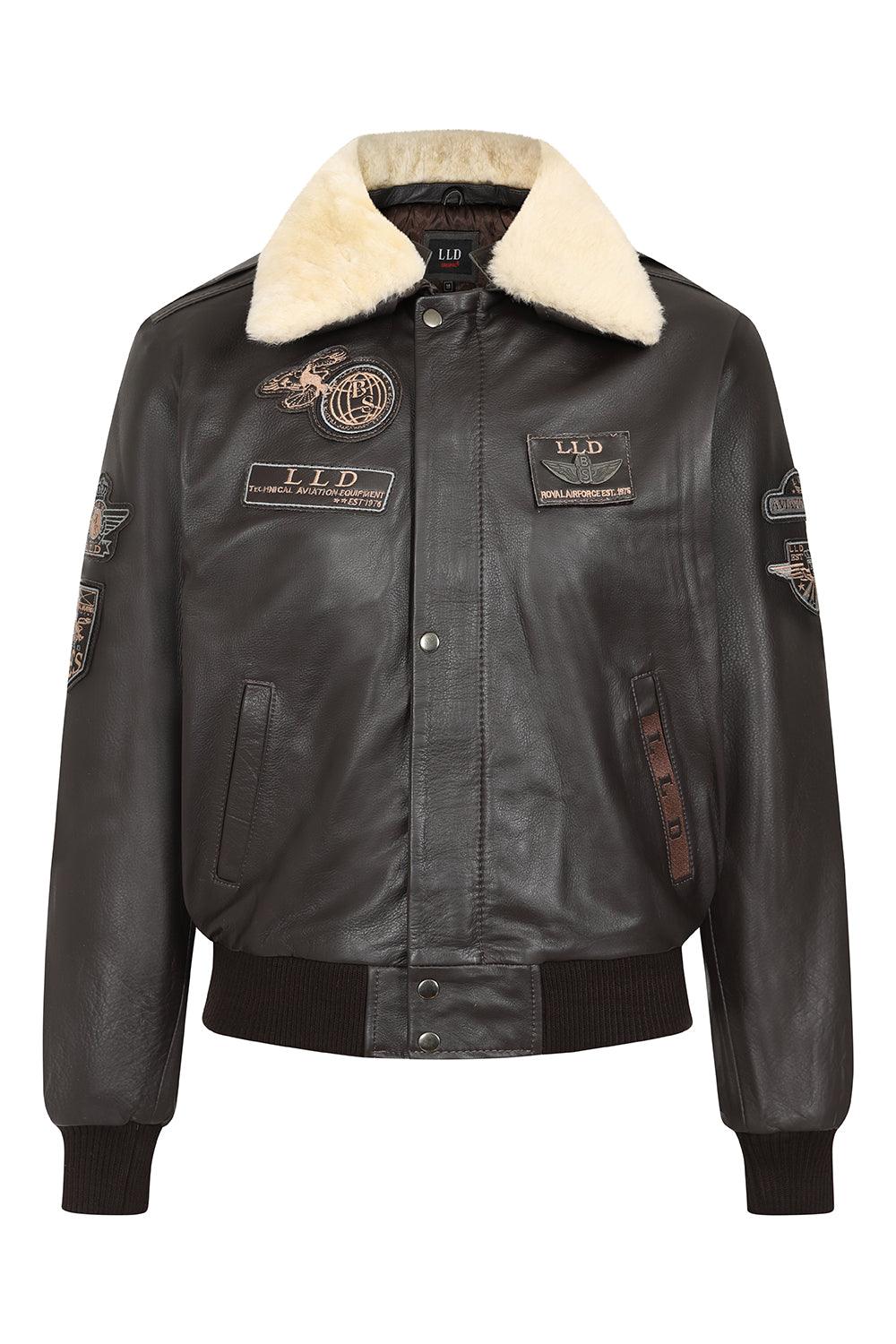 Men's Brown Genuine Leather Pilot Jacket - Detachable Fur Collar