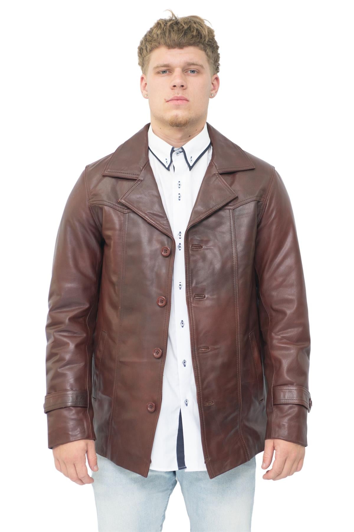 Men’s Brown Vintage Trench Style Crombie Leather Coat-Macau
