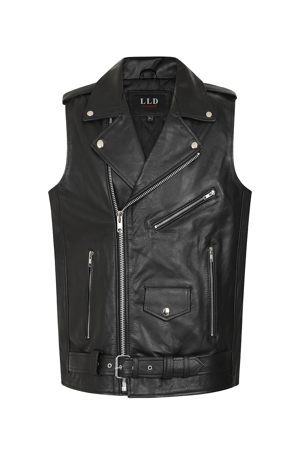 Men's Genuine Calf Leather Sleeveless Biker Vest - Black Classic